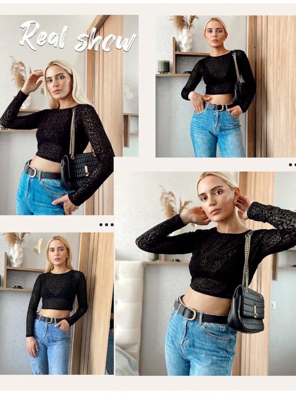 Women's D-Black Sexy Crop Top Mesh Long Sleeve See Through Clubwear Sheer - Picture 6 of 6